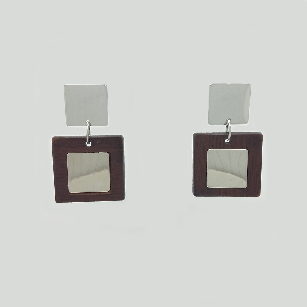 Square Dangle Earrings in Stainless Steel with Wood