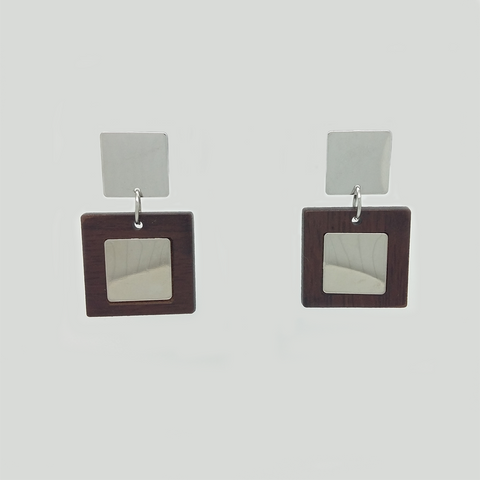 Square Dangle Earrings in Stainless Steel with Wood