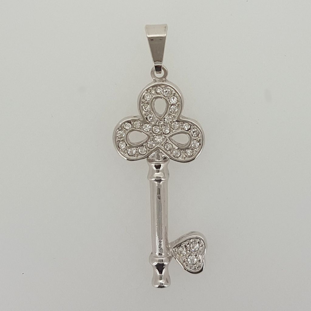 Key Pendant in White Gold Filled with Clear Gemstones