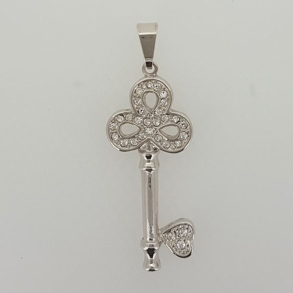 Key Pendant in White Gold Filled with Clear Gemstones