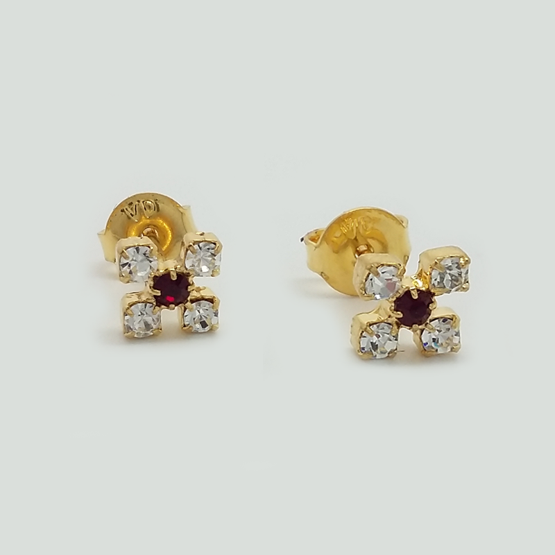 Stud Earrings in Yellow Gold Filled with Red and Clear Gemstones