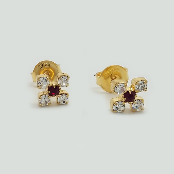 Stud Earrings in Yellow Gold Filled with Red and Clear Gemstones