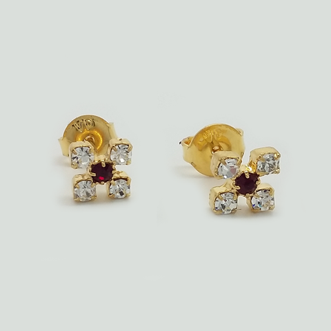 Stud Earrings in Yellow Gold Filled with Red and Clear Gemstones
