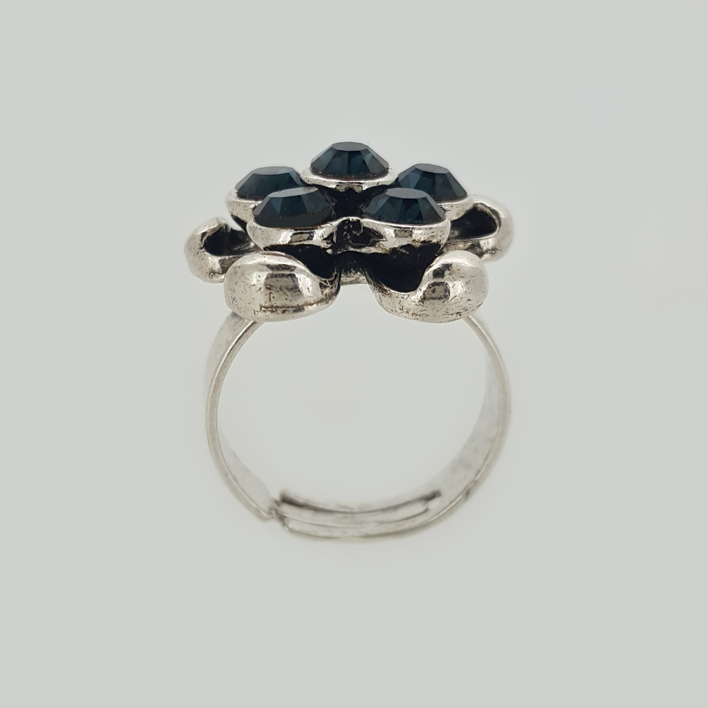 Flower Ring in Aged White Gold Filled with Dark Gemstones