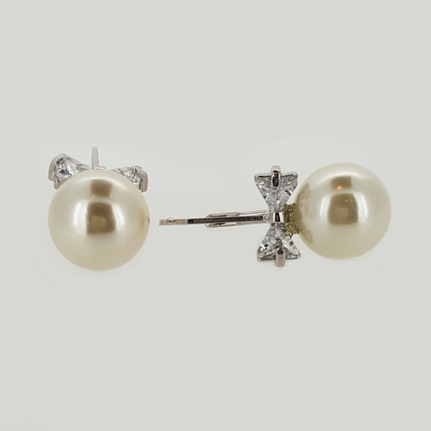 Pearl Stud Earrings in White Gold Filled with Gemstones