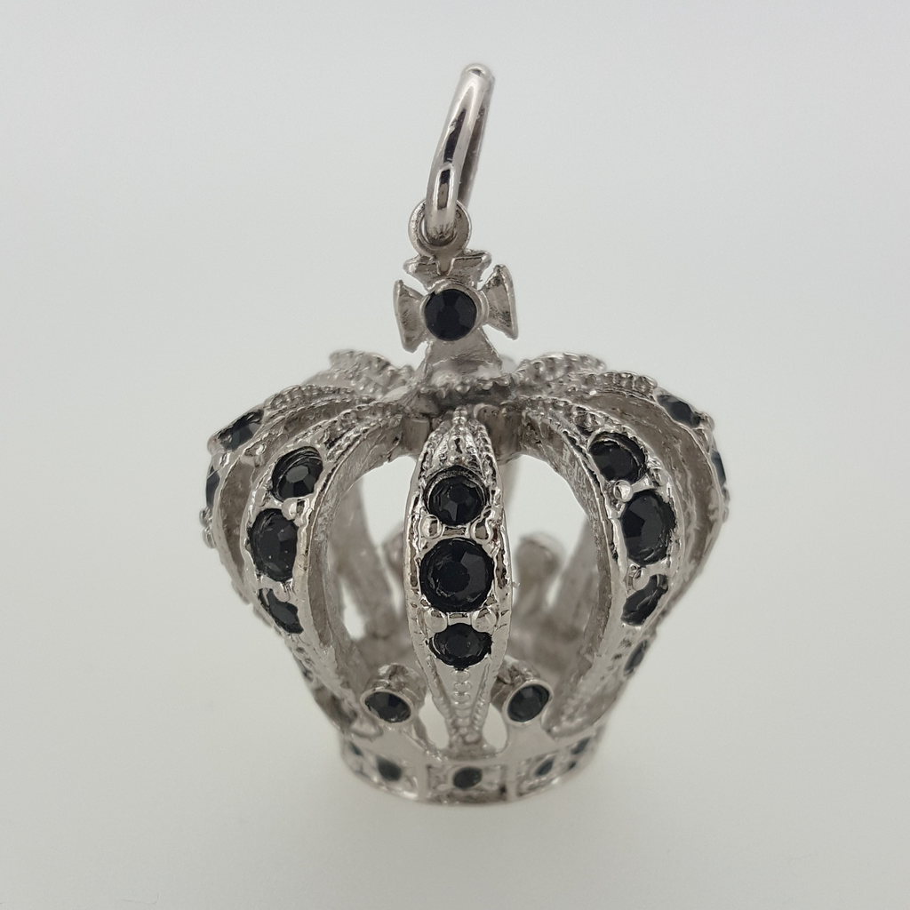 Crown Pendant in White Gold Filled with Black Gemstones
