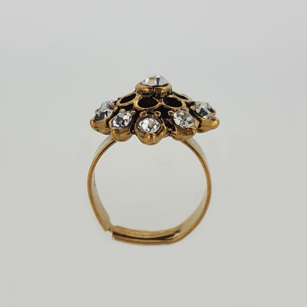 Flower Ring Aged Yellow Gold Filled With Clear Gemstones