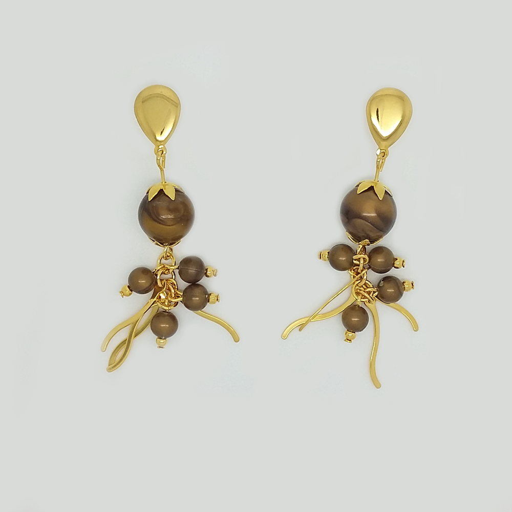 Dangle Earrings in Yellow Gold Filled with Brown Beads