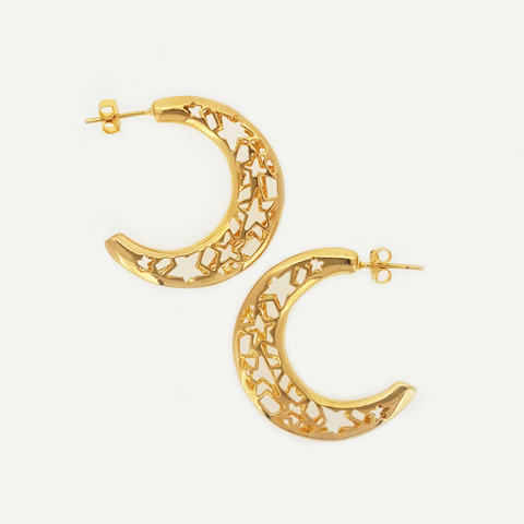 Half Moon Earrings in Yellow Gold Filled with Cut-Out Stars