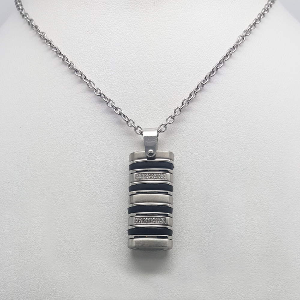 Necklace in Stainless Steel Silver with Black Enamel & Gemstones