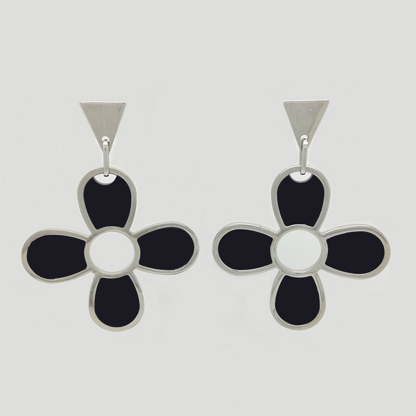 Flower Dangle Earrings in Stainless Steel with Black Enamel