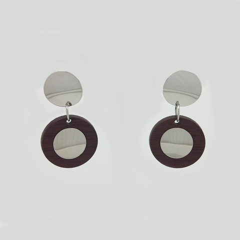Round Dangle Earrings in Stainless Steel with Wood