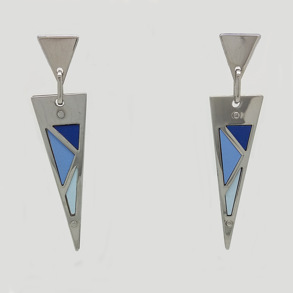 Triangle Dangle Earrings in Stainless Steel with Blue Enamel