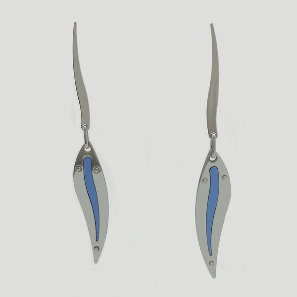 Leaf Dangle Earrings in Stainless Steel with Blue Enamel