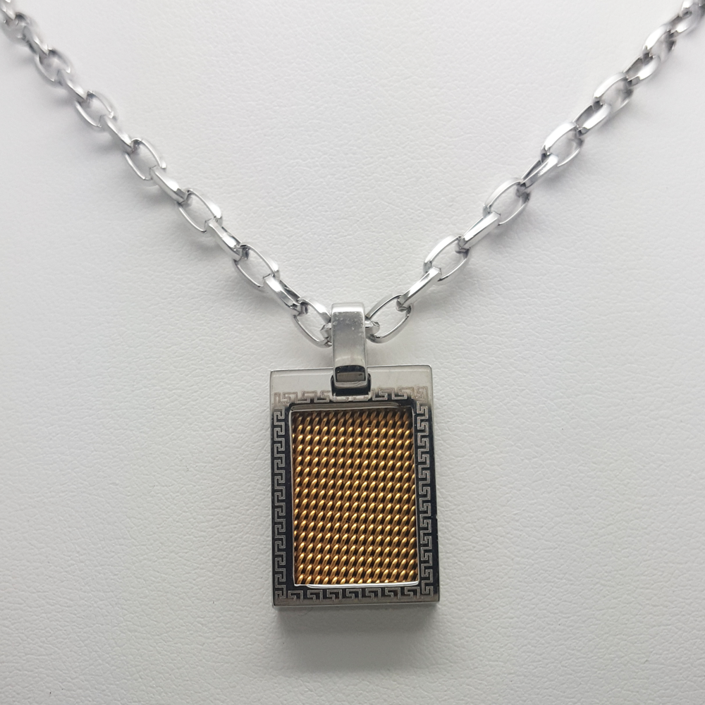 Black/Brown Pendant in Stainless Steel with Greek Key Necklace