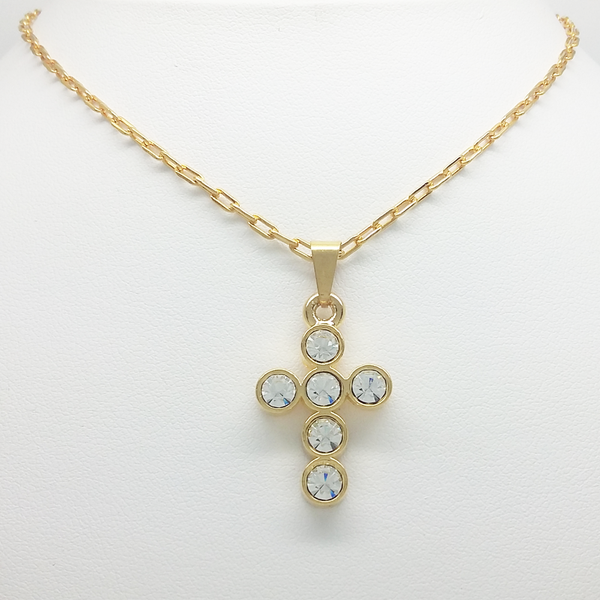 Cross in 14k Yellow Gold Filled Pendant & Clear Gemstones Link Chain