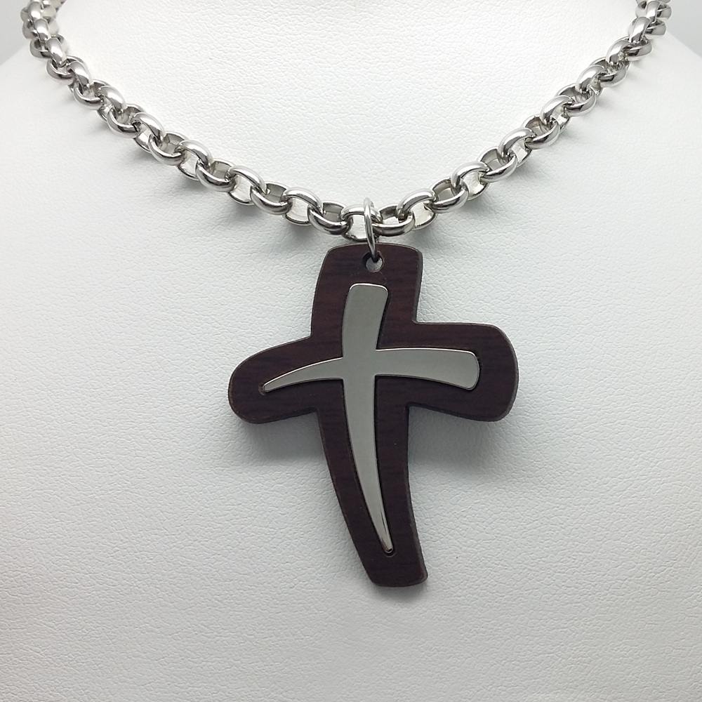 Cross in Wood & Stainless Steel Rolo Chain
