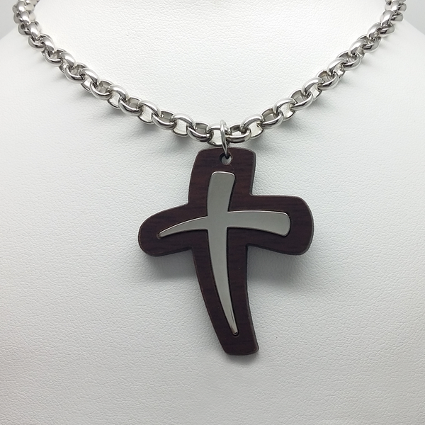 Cross in Wood & Stainless Steel Rolo Chain