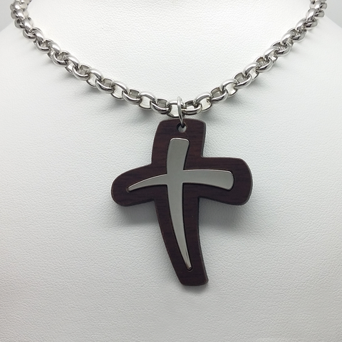 Cross in Wood & Stainless Steel Rolo Chain