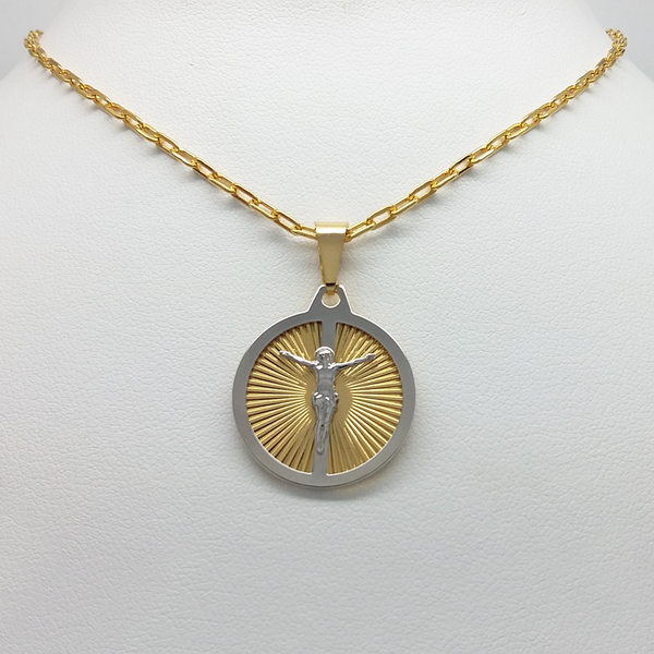 Jesus Medal in Yellow Gold Filled & Silver Enamel Link Chain