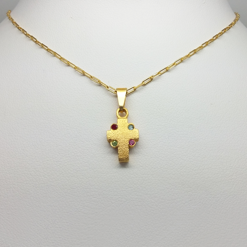 Cross in Yellow Gold Filled with Gemstones Link Chain