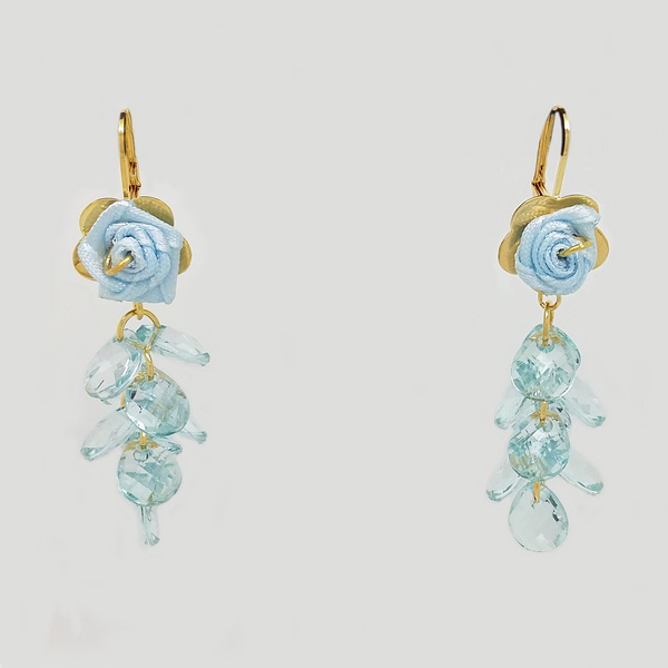 Dangle Earrings in Yellow Gold Filled with Ligth Blue Rose