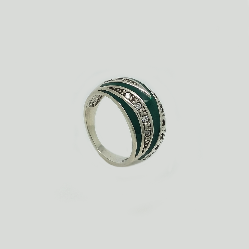 Bombe Ring in White Gold Filled with Green Enamel & Gemstone