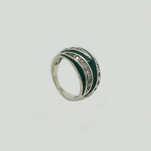 Bombe Ring in White Gold Filled with Green Enamel & Gemstone