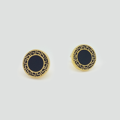 Stud Earrings in Yellow Gold Filled with Black Enamel and Greek Details