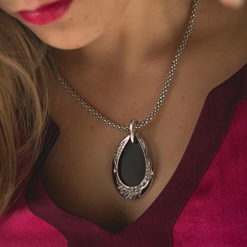 Necklace Drop Pendant with Black Acrylic & Gemstones Mesh Chain
