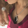 Necklace Drop Pendant with Black Acrylic & Gemstones Mesh Chain