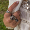 Three Branches Black Enamel Oval Center Clear Gemstones 14Kt Aged White Gold Filled Ring