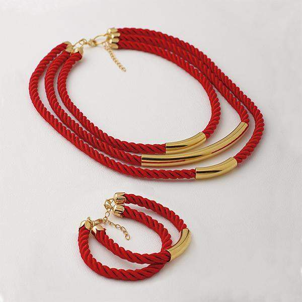 Set Choker & Bracelet in Red Leather and Plated Gold Filled