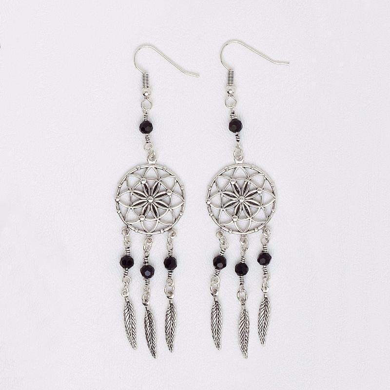 Dream Catcher Earrings in Aged White Gold Filled with Black Beads
