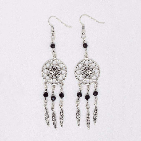 Dream Catcher Earrings in Aged White Gold Filled with Black Beads