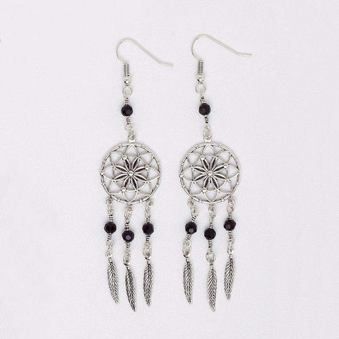 Dream Catcher Earrings in Aged White Gold Filled with Black Beads