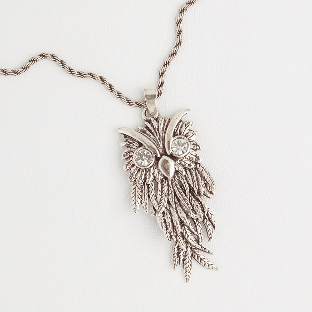 Owl Pendant in Aged White Gold Filled with Gemstones