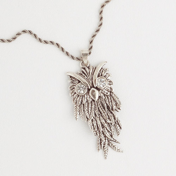 Owl Pendant in Aged White Gold Filled with Gemstones