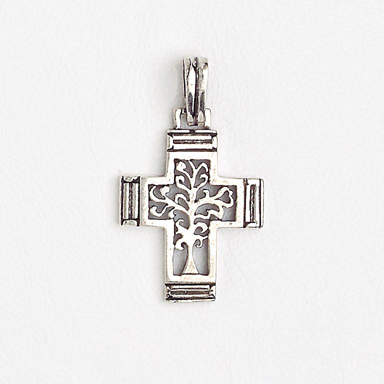 14Kt Aged White Gold Filled Cross Openwork Life Tree Pendant