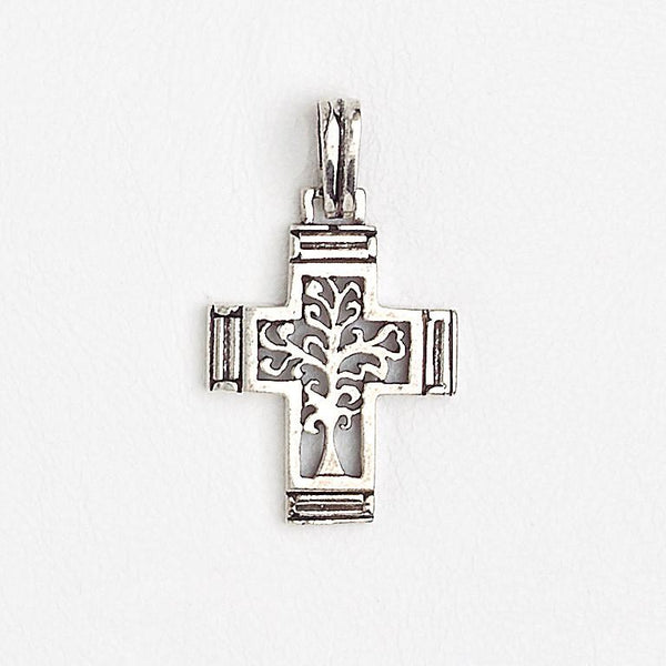 14Kt Aged White Gold Filled Cross Openwork Life Tree Pendant