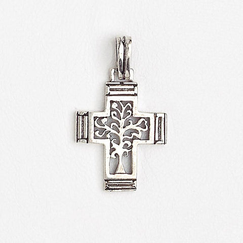 14Kt Aged White Gold Filled Cross Openwork Life Tree Pendant