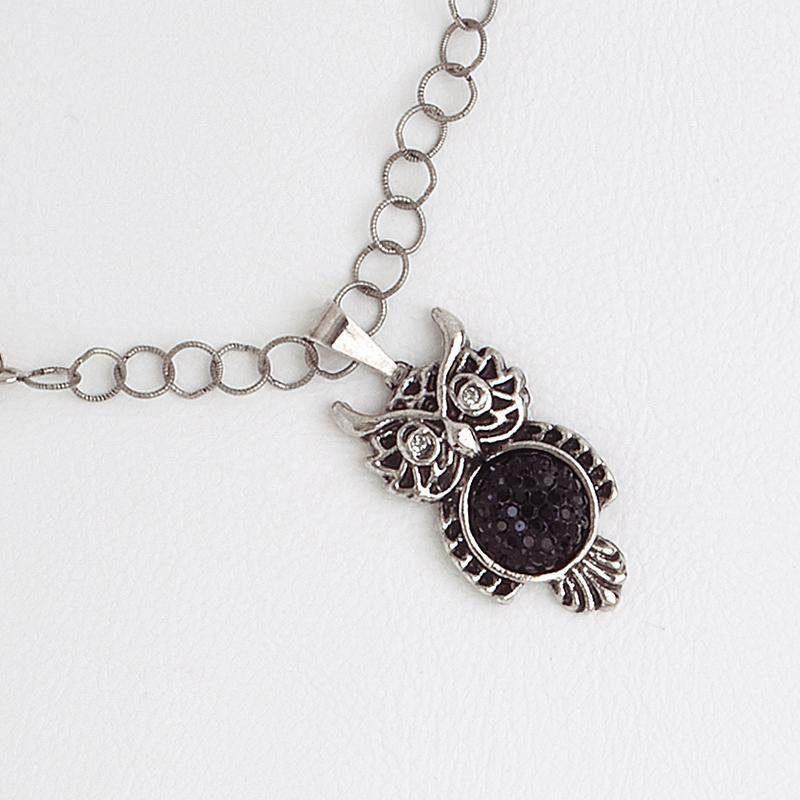 Black Druze Stone Owl 14k White Gold Filled Pendant