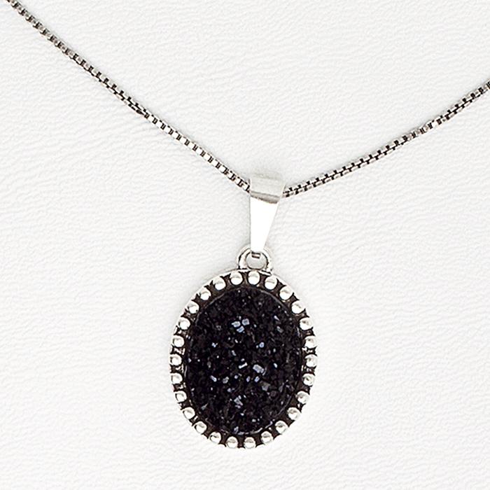 Black Necklace in Aged White Gold Filled with Druzy Gemstone