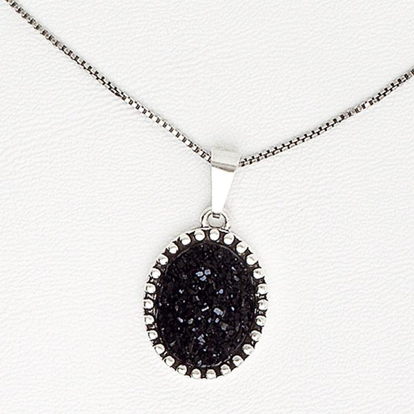 Black Necklace in Aged White Gold Filled with Druzy Gemstone