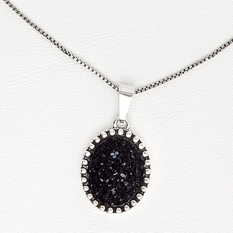Black Necklace in Aged White Gold Filled with Druzy Gemstone