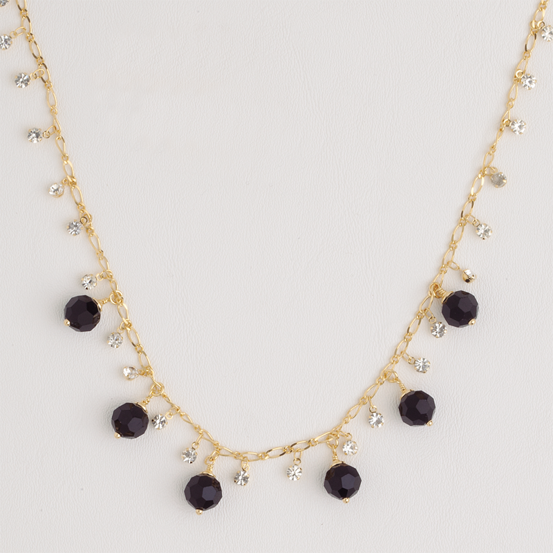 Necklace in Yellow Gold Filled with Black & Clear Gemstones