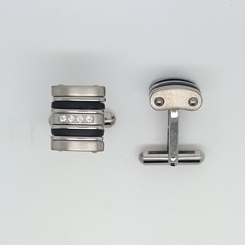 Cufflinks in Stainless Steel with Black Enamel & Gemstones