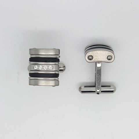 Cufflinks in Stainless Steel with Black Enamel & Gemstones