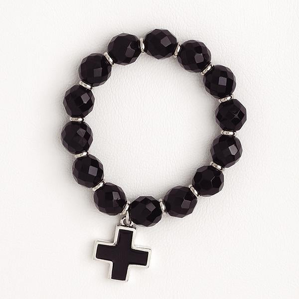 Elastic Bracelet Cross Black Zircon Beads White Gold Filled