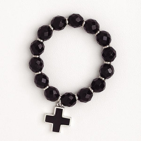 Elastic Bracelet Cross Black Zircon Beads White Gold Filled
